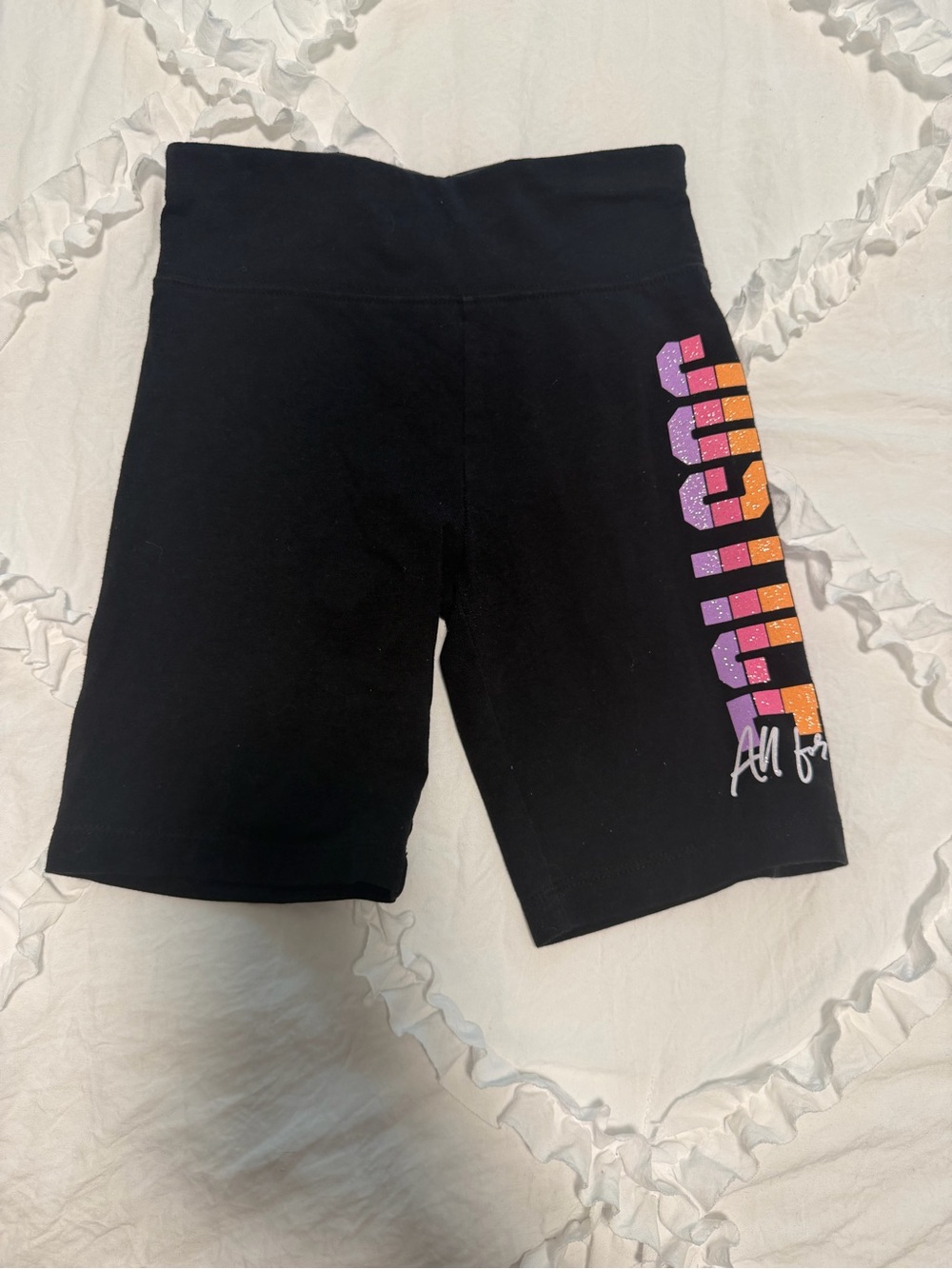 Justice Black Bike Shorts with Purple Pink and Orange Side Logo Girls M